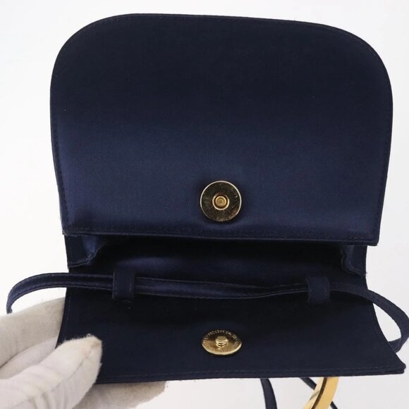 Salvatore Ferragamo Gancini Hand Bag Satin 2way Navy Gold Auth 142663 - Picture 11 of 16